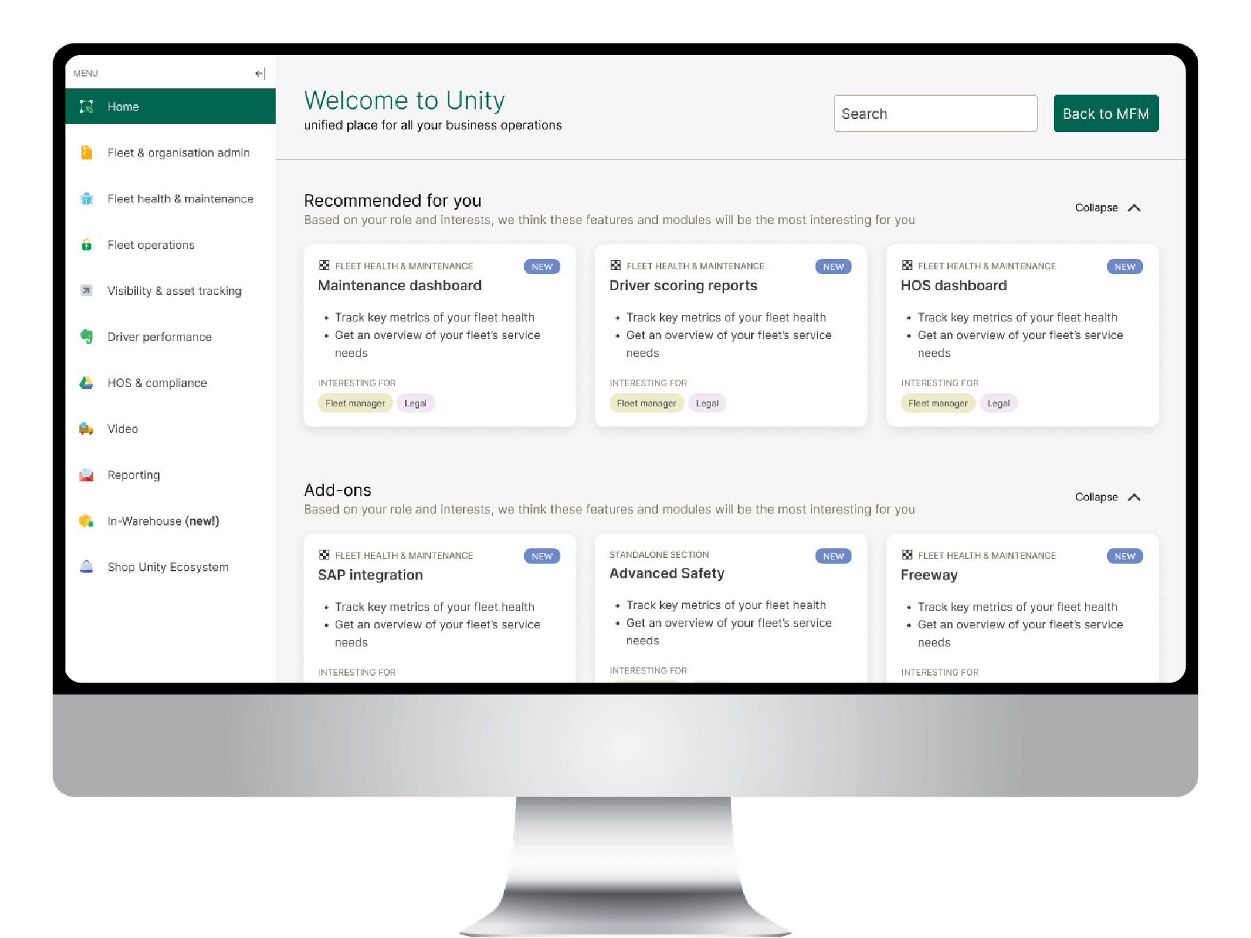 Unity platform dashboard mockup